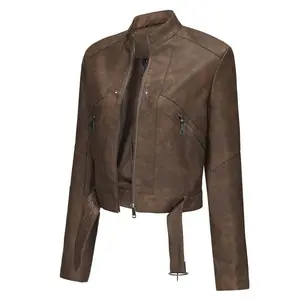 24 Women's Motorcycle Style Leather Jacket with Belt Long Sleeve Zipper Coat Spring and Autumn Leather Jacket