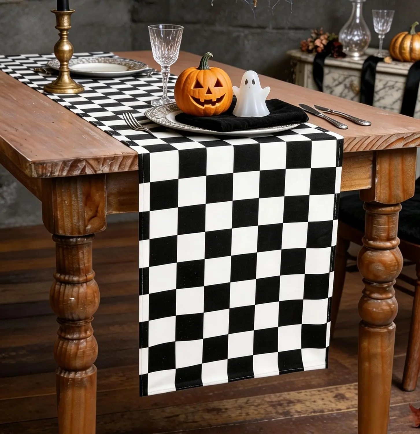 Kraftify Black and White Table Runner Halloween Gingham Table Runner, 13 x 72 Inch, Fall Seasonal Decor, Halloween Decor