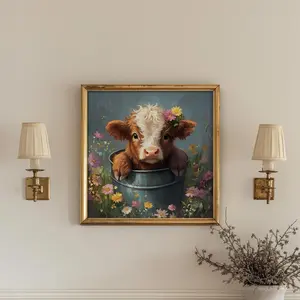 Calf Wall Art Print – Baby Cow in Flower Bucket Illustration, Farmhouse Animal Decor, Country Nursery Artwork, Whimsical Pastoral Poster