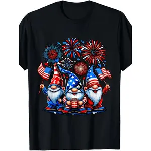 Mens and Unisex Fourth of July Patriotic Gnome Cotton T-shirt Retro Gnome and Flag Print Breathable Casual Athletic Tee for Training Running Fitness Barbecue and Parade Plus Size