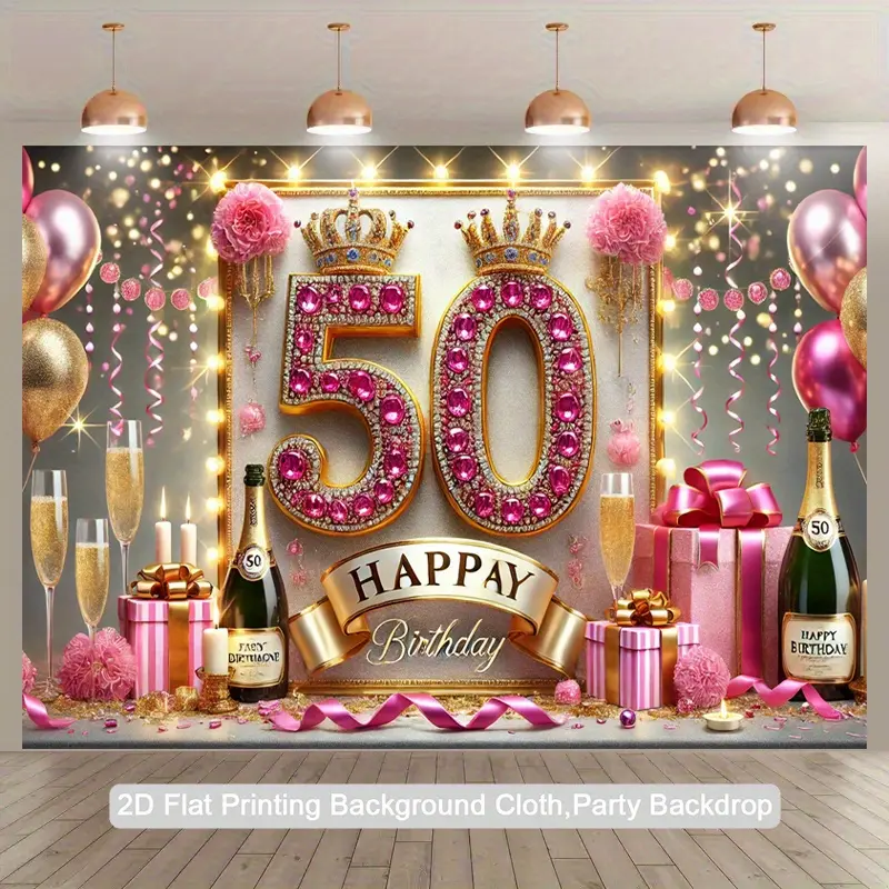 1pc Soft 50th Birthday Polyester Photography Backdrop - 2D Flat Party Banner with 127.0cm Golden Glittery Letters, Pink & Golden Balloons, Champagne Bottles, Gift Boxes, Stain Resistant No-Electricity Indoor/Outdoor Decorative Flag