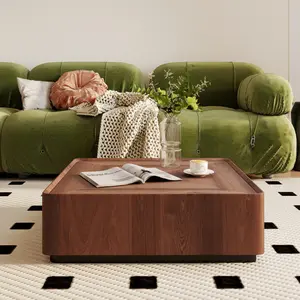Mid-Century Modern Walnut Coffee Table with Geometric Wood Grain, Stylish Square Storage Center Table with Hidden Drawers for Living Room Decor