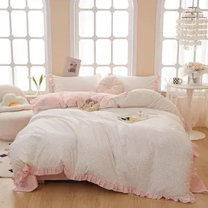 Pink Floral Duvet Cover Twin Pink Ruffle Coquette Comforter Cover Twin Boho Aesthetic Cute Duvet Cover with 4 Corner Ties Lightweight Striped Duvet Protector