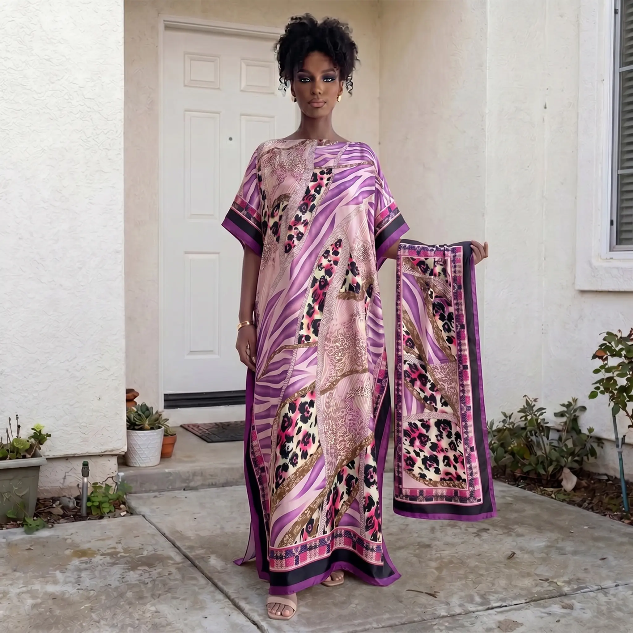 Kaftan Set for Women with Hijab, Bohemian Leopard Print Patchwork Glossy Satin Maxi Dress with Boat Neck and Short Sleeves, Women's Fashion, Moo Moo And Scarf Set, Anniversary, Modest, Loose Fit, Kaftan Style, Muslim Kaftan Dress