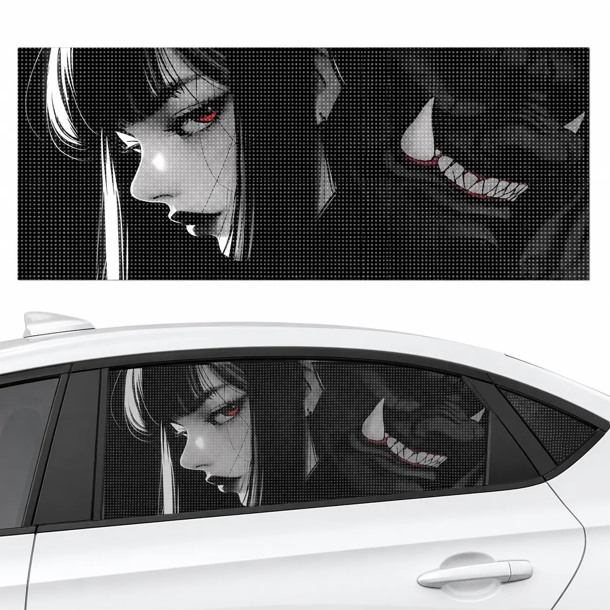 RAVOONY JDM Anime Artwork Perforated Mesh Car Window Tint Decal - 1PC Waterproof Sunscreen Vinyl Sticker, DIY Install Privacy Shield, Automotive Side Window Exterior Modification Accessory