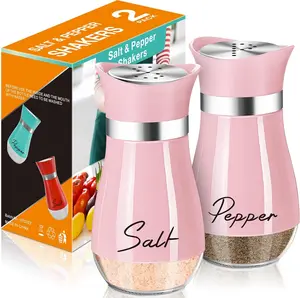 2PCS Pink Salt & Pepper Shakers Set Modern Kitchen Spice Dispenser Bottles with Stainless Steel Lid Elegant Design Easy Refill Transparent Base for Home Kitchens Dining Tables Cafes Restaurants Gifting