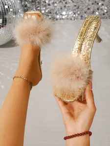 Women's Elegant Faux Fur High Heels, High Heel Sandals, Pointed Toe PU Leather Shoes, Casual Spring & Fall Footwear, Party Footwear for Parties and Daily Wear