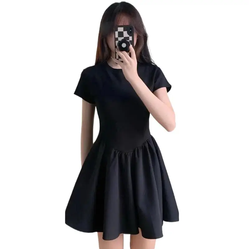 Petite Black Dress   Knit Spring Summer Cinched Waist A-Line Slimming O-Neck Short Sleeve Mini Stylish for Junior Ladies