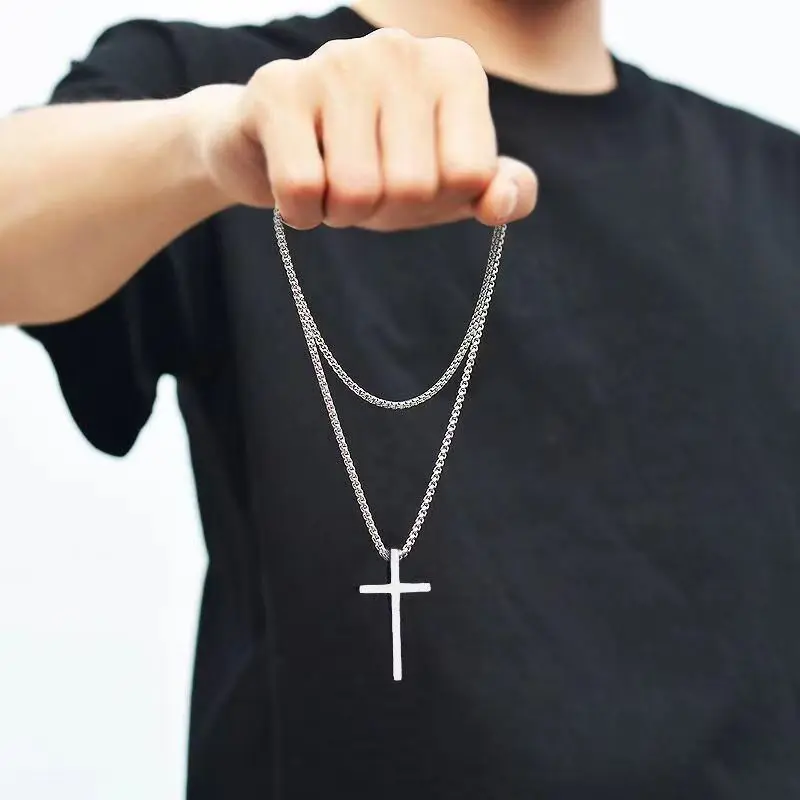 New Titanium Steel Cross Necklace for Men Trendy Stainless Steel Cross Pendant Sweater Chain Accessories
