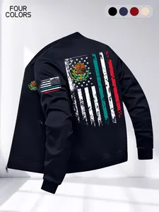 Men's Street Style Usa Mexico Flag Patchwork Jacket, Long Sleeve Zipper Pocket Coat, Lightweight Spring Fall Outdoor Daily Use