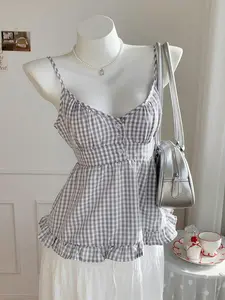 PRINTABOLD Women's Summer Beach Plaid Lace Camisole With Ruffled Hem