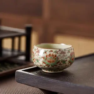 Ru Yao Handmade Ceramic Twisted Vine Lotus Robe Cup Elegant Open Glaze Porcelain Tea Master & Guest Set Collection