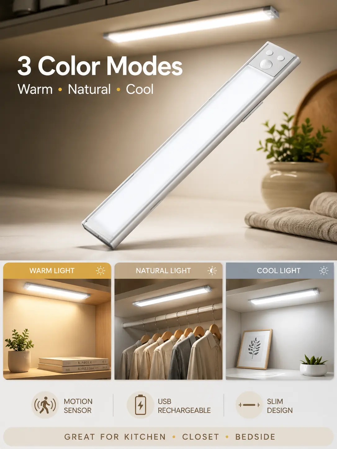 Under Cabinet Lights, 52 LED Cold White Rechargeable Under Cabinet Lighting Motion Sensor LED Lights for Kitchen, Counter, Closet, Stairs (12.2 inches Silver)1 PCS and 2 PCS available for selection