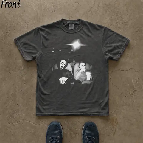 Women's Michael Myers Vintage Gothic Ghost T-Shirt - Black, Short Sleeve, Crew Neck, Fitted, Lightweight, Horror Movie Graphic, All Seasons, Creepy Cute, Cute Ghost, Expandable, Casual Streetwear, Goth Tops, Spooky Gift, Cold Wash Tshirt