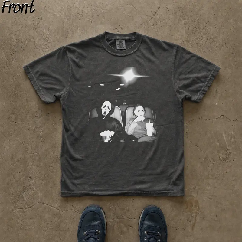 Women's Michael Myers Vintage Gothic Ghost T-Shirt - Black, Short Sleeve, Crew Neck, Fitted, Lightweight, Horror Movie Graphic, All Seasons, Creepy Cute, Cute Ghost, Expandable, Casual Streetwear, Goth Tops, Spooky Gift, Cold Wash Tshirt
