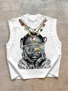 Men's Casual Graphic Print Vest, Heat-Applied Rhinestones, Fitted Sleeveless Top, Summer Outdoor Wear, Daily Versatile Style