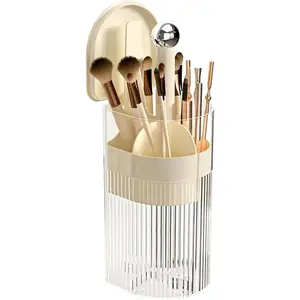 Makeup Brush Holder with Lid, One-Hand Press Open/Close Mechanism Cosmetic Tools Organizer, Clear Waterproof Dustproof Make Up Storage for Vanity, Bathroom Countertop-Cream-Silver Ball