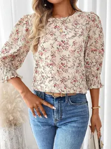 Women's Loose Vacation Floral Printed Puff Sleeve Round Neck Summer Shirt, Three Quarter Sleeve Top for Comfortable Style, Boho Cottagecore Blouse