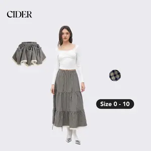 Cider Two-Way Cotton-blend Mid Rise Plaid Tiered Knotted Mini and Maxi Skirt, Special Two-Way Wear Design Dress for Summer Daily Wear, Lady Versatile Skirt and Dress for All Occasions