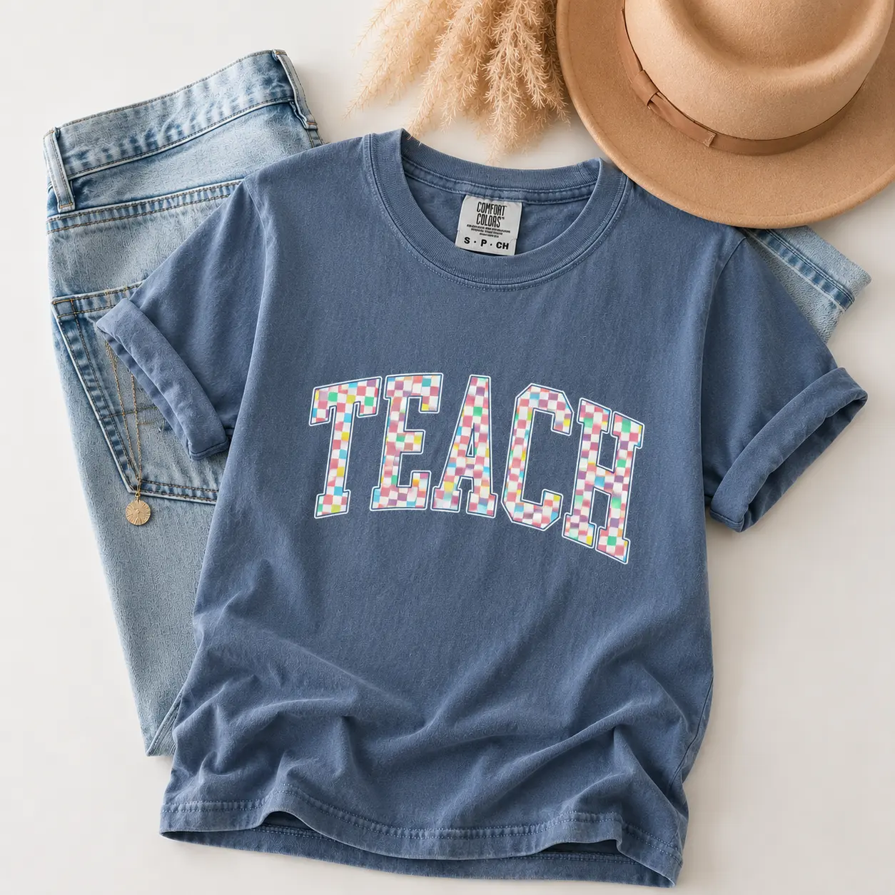 Comfort Colors Checkered Teach T-Shirt, Back to School TShirt, Trendy Varsity Style Teach TShirt, Retro Teacher Appreciation Tee, Teacher Gift - TrendWear USA