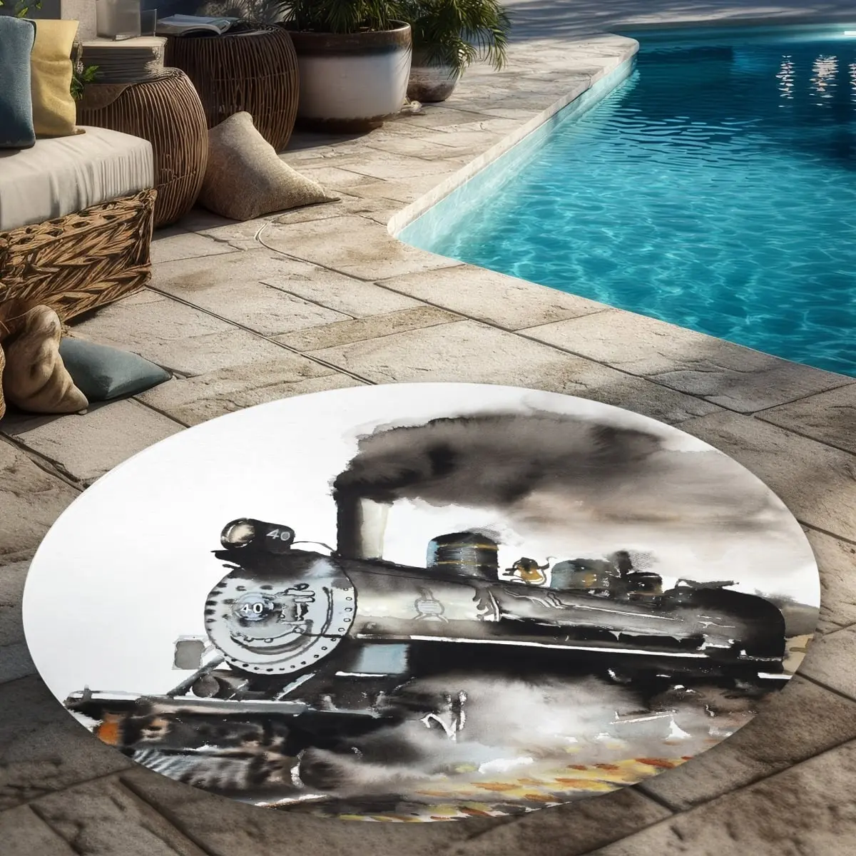 360 stand 5x5 ft Weatherproof Patio Rug - Round Vintage Steam Train Print Gray Industrial Rug, Printed Face for Deck, Garden Spaces, Patio Decor, Pattern Rug, Home Decorative Rug