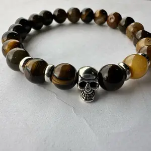 Tigers Eye Santa Muerte Crystal Bracelet with Silver Skull Bead for Men Women