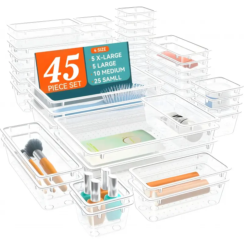 [New Deal] 45PCS Clear Drawer Organizer Set (4 Sizes) - Stop Junk Drawer Chaos!Plastic Bins for Kitchen Makeup Office, Bathroom.Declutter Hack - Aesthetic & Tidy Storage Solution!Acrylic Drawer Organizers Plastic Trays Office Drawer Organizer 1