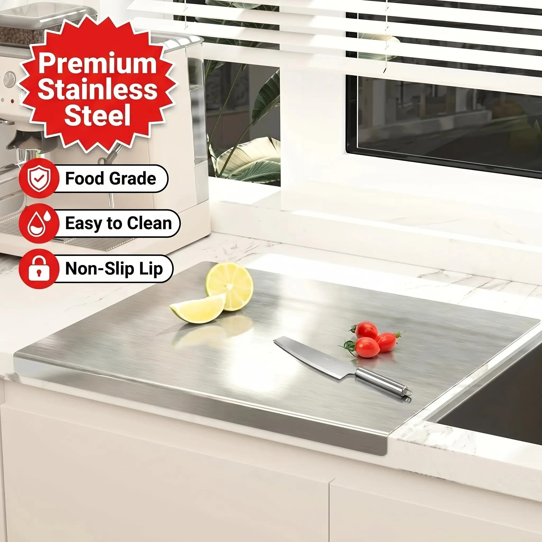 1pc Stainless Steel Heavy-Duty Cutting Board with Countertop Folding Edge, Suitable for Baking, Kneading Dough, Meat Processing, And Vegetable Slicing, Easy to Clean Surface, Can Protect Countertop, Kitchen Cutting Board