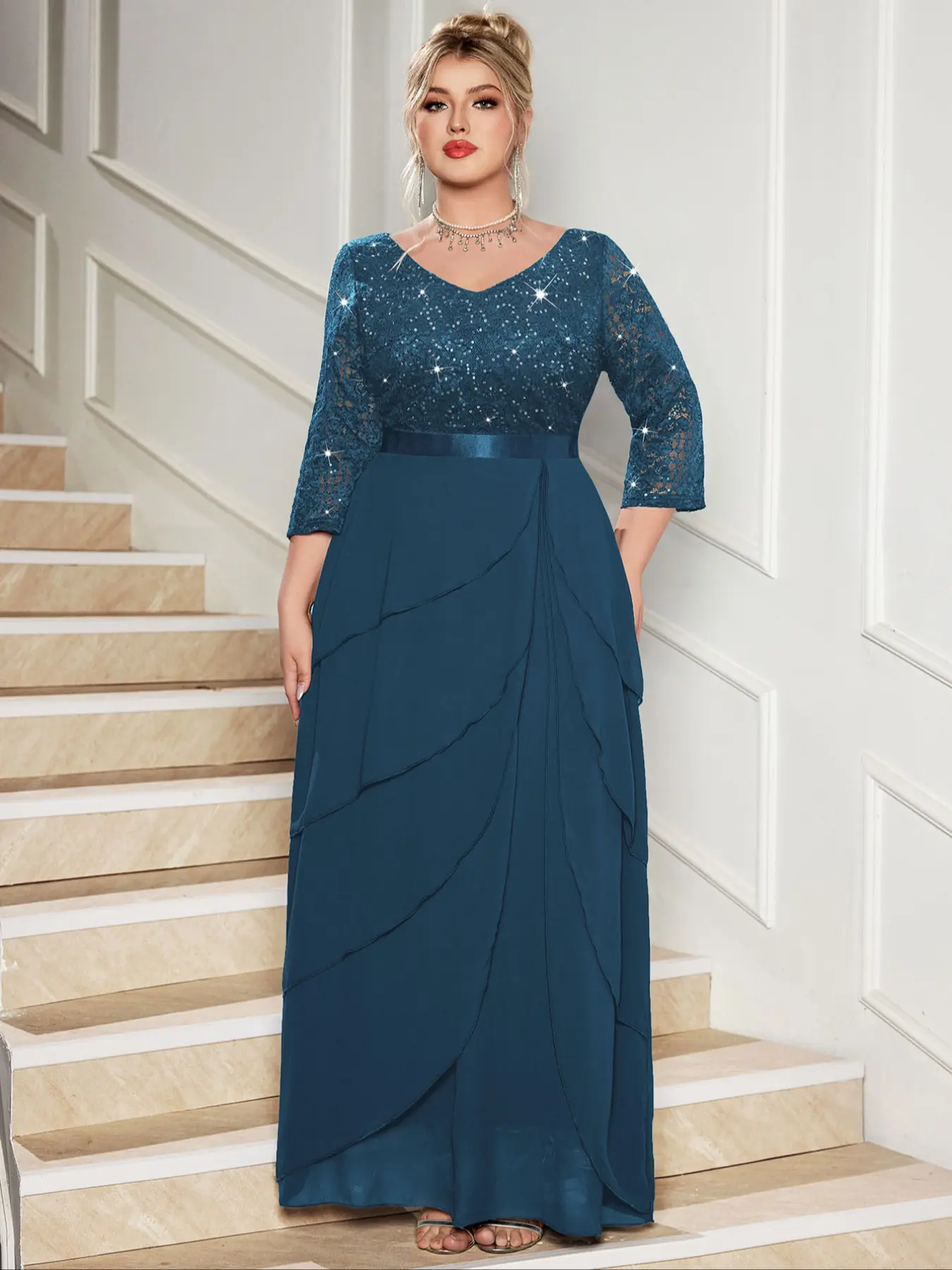 MISSMAY P54404A Plus V Neck Sleeve Sequin Floral Lace Tiered Ruffle Trim Chiffon Hem Evening Cocktail Party Ball Maxi Dress, Chic Elegant Prom Formal Wedding Guest Dress, For Valentine, Graduation, Birthday, Homecoming, Garment