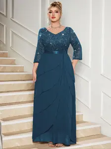 MISSMAY P54404A Plus V Neck Sequin Floral Lace Ruffle Trim Chiffon Hem Evening Party Maxi Dress, Elegant Prom Formal Wedding Guest Dress, For Valentine, Graduation, Birthday, Homecoming