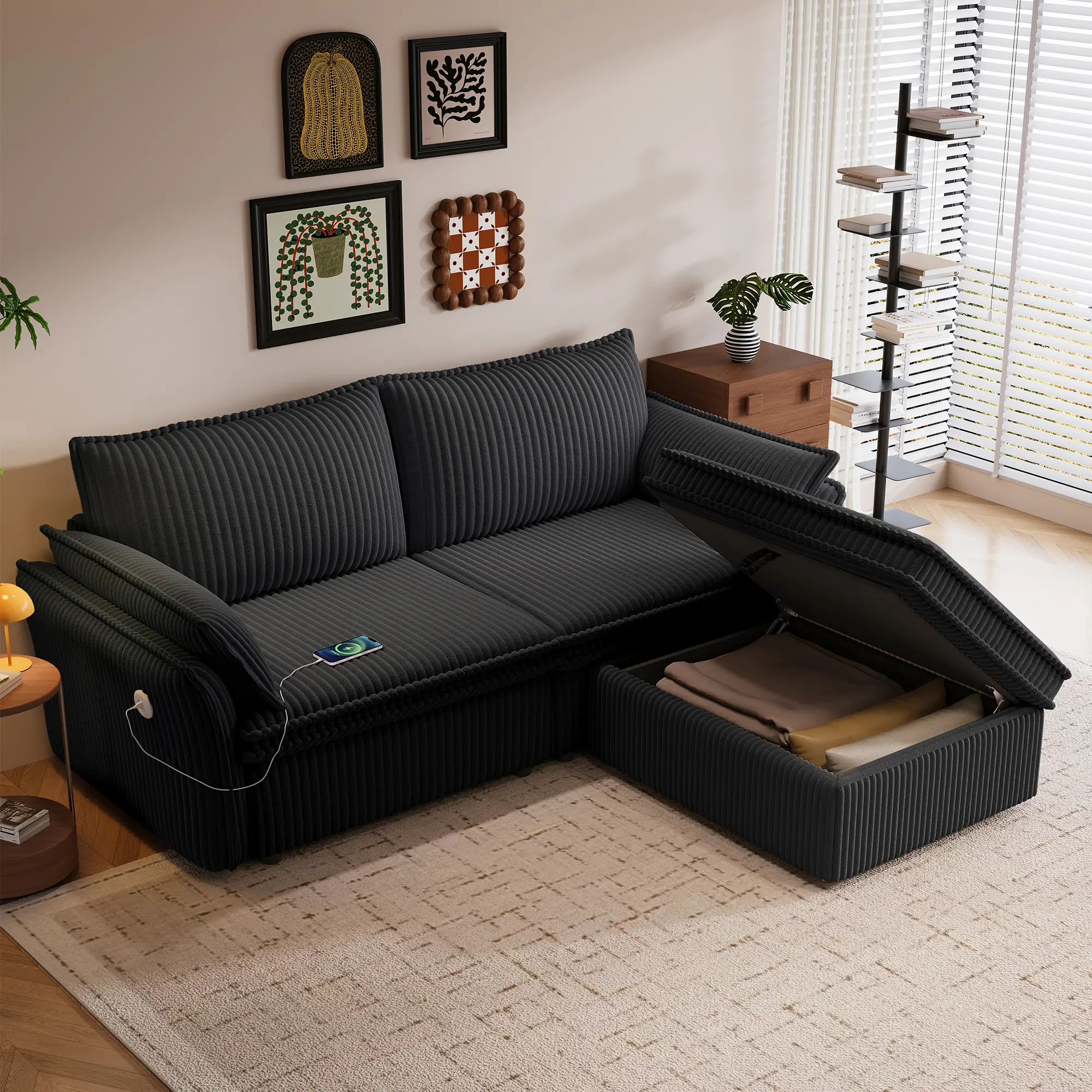 Eyisean 85" Corduroy 2-in-1 Convertible Sofa Bed Futon - Foldable Adjustable Space-Saving Loveseat with Storage Ottoman, USB Charger, Sponge-Polyurethane Foam Cushions, Pillows, 600 lbs Capacity, Simple Install, 85"w x 33"d x 37"h - for Living Room, Dorms