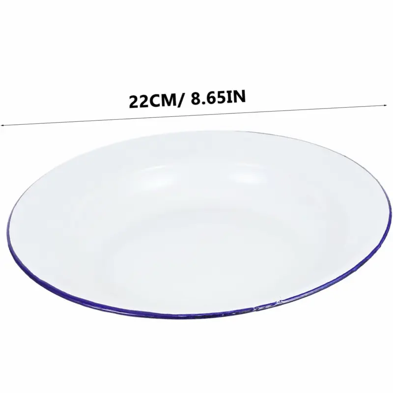 Enamel Plate -22CM/ Asyèt Blan (Small) Emaye Enamel Plate - White Enamel Dinnerware with Blue Rim for Everyday Use