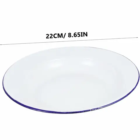 Enamel Plate -22CM/ Asyèt Blan (Small) Emaye Enamel Plate - White Enamel Dinnerware with Blue Rim for Everyday Use