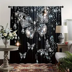 Pack of 2, 2D flat, black glitter butterfly all-season decorative theme curtains, Window Curtain, 100% polyester fiber, suitable for living room, bedroom, office home decoration, pole bag design is easy to hang, suitable for gift decoration