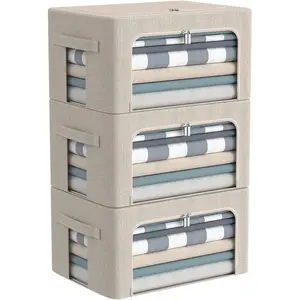 3Pack Foldable Storage Bins - Frame Storage Box Linen Fabric Stackable Clothes Container Organizer with Clear Window & Carry Handles Large Capacity (Small-22L, Beige)
