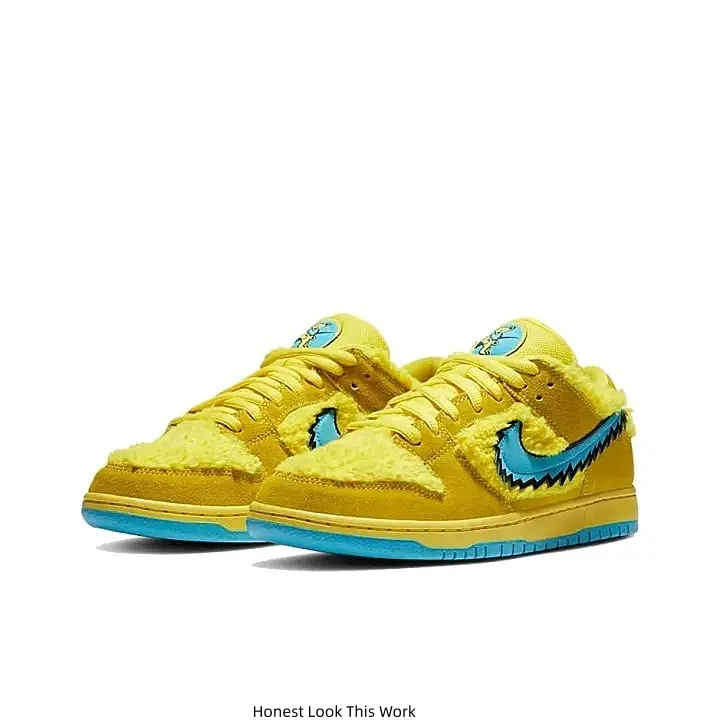 Bright Yellow Fuzzy Plush Upper Blue Jagged Edge Swoosh Retro Low Top Skate Sneakers Blue Rubber Outsole Casual Walking Shoes for Men Women Daily Street Wear