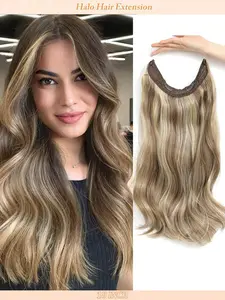 Invisible Wire Hair Extensions 18Inch Body Wavy Halo Hair Extensions With Adjustable 2 Clips Soft Transparent Lace Natural Long Wavy Hair Extensions For Women-Light Brown With Blonde Highlights