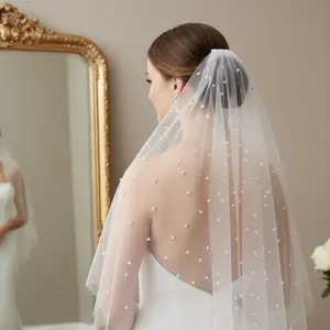 Pearl Bridal Veil Wedding Veil for Bride Long Tulle Veil with Pearls Elegant Cathedral Veil White Veil for Bride Polyester Hand Wash Only