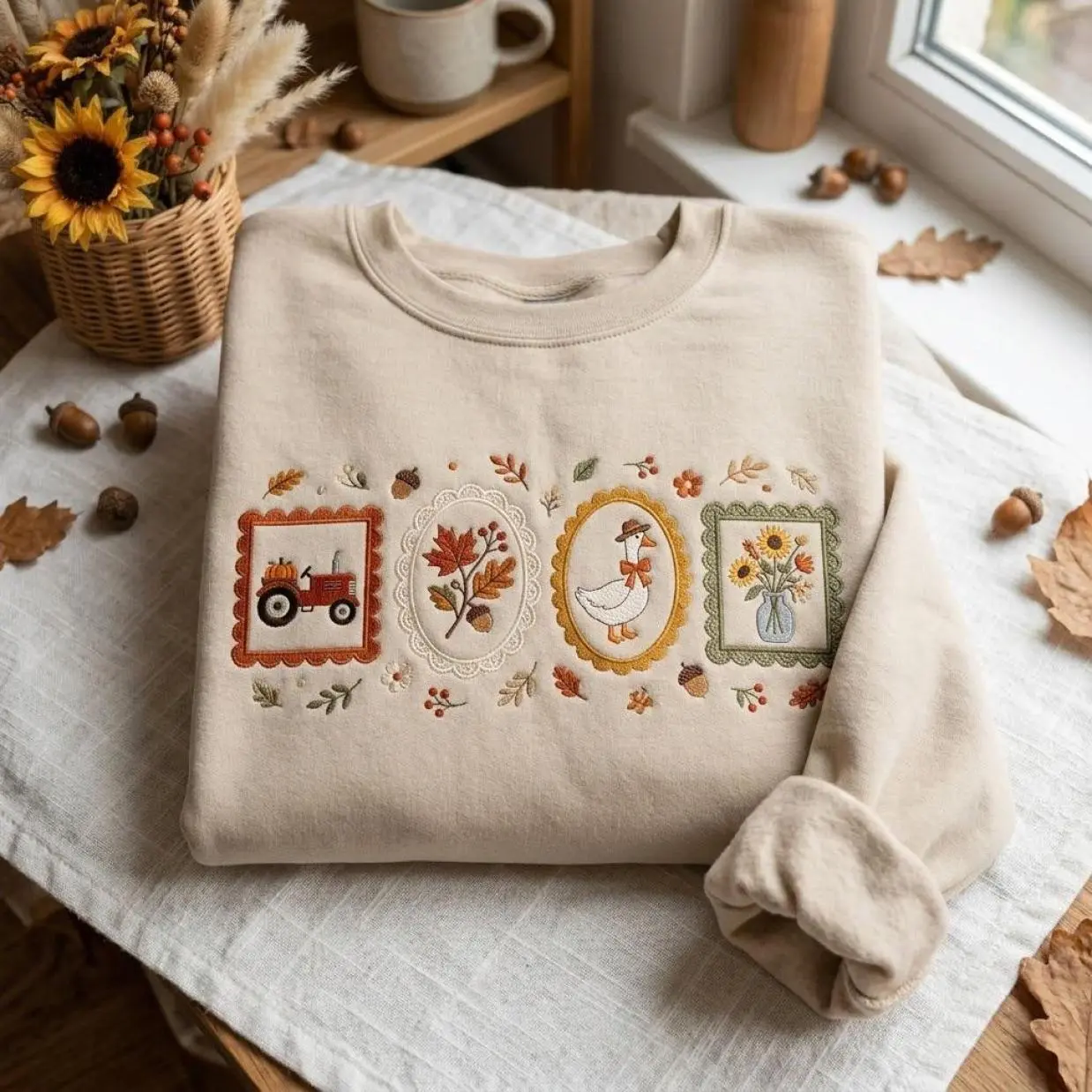 Embroidered Cottagecore Fall Sweatshirt, Cozy Season Crewneck, Autumn Floral Goose Shirt, Autumn Girly Gift, Relaxed Fit, Easygoing Feel, Full Color Selection, Pick Your Favorite