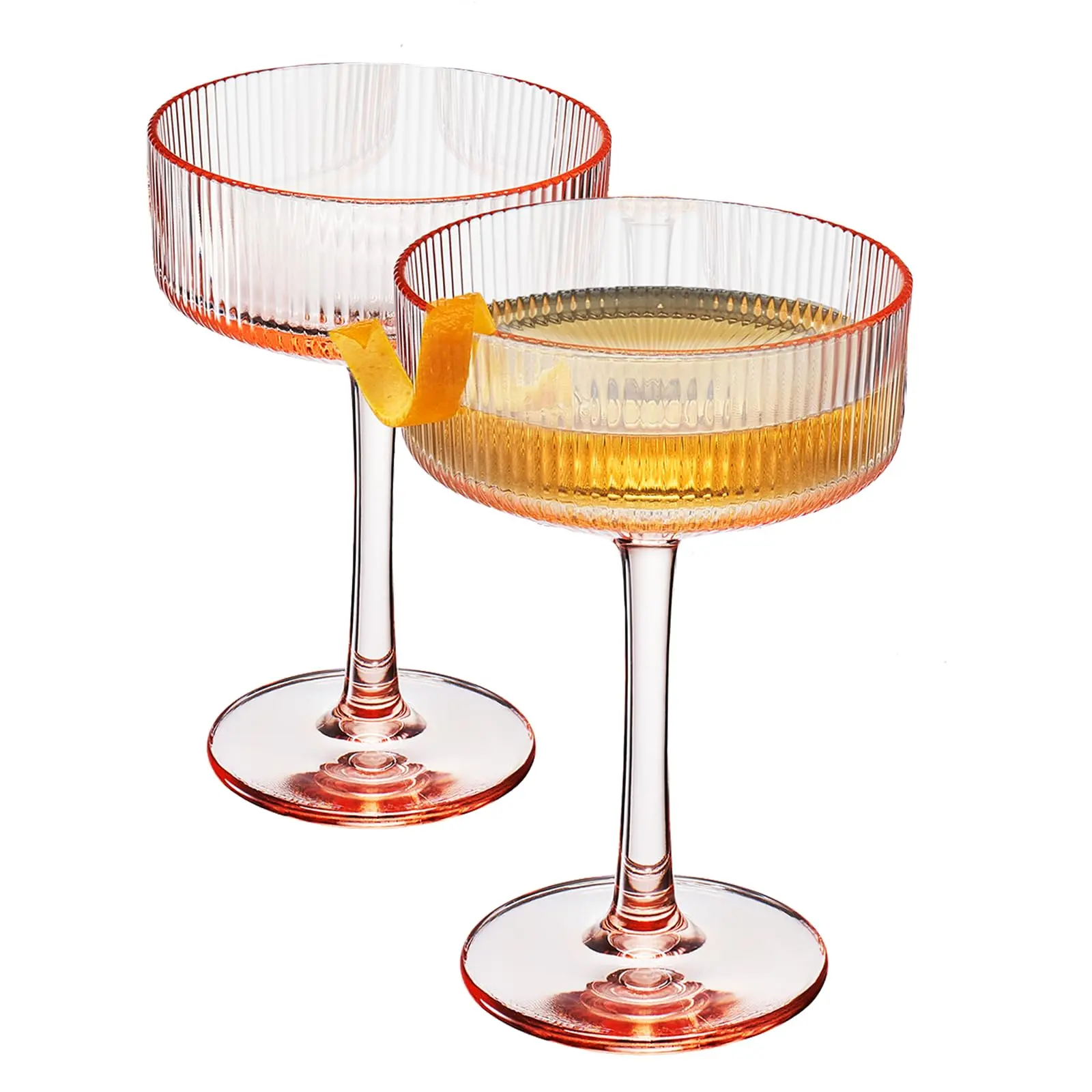 Khen Shatterproof Acrylic Ribbed Vintage Art Deco Martini, Champagne & Cocktail Pink Plastic Coupe Glasses | Set of 2 | 8 oz Ripple Glassware Indoor & Outdoor Gift