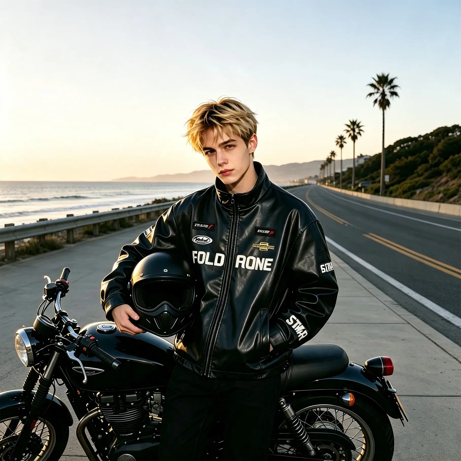 Trendy Brand Letter Print Stand Collar Leather Biker Jacket Windproof Durable Male Riding Outerwear Classic Vintage Motorcycle Coat Casual Loose Fit Daily Street Fashion Garment Two Color Matching For Young Male Riders