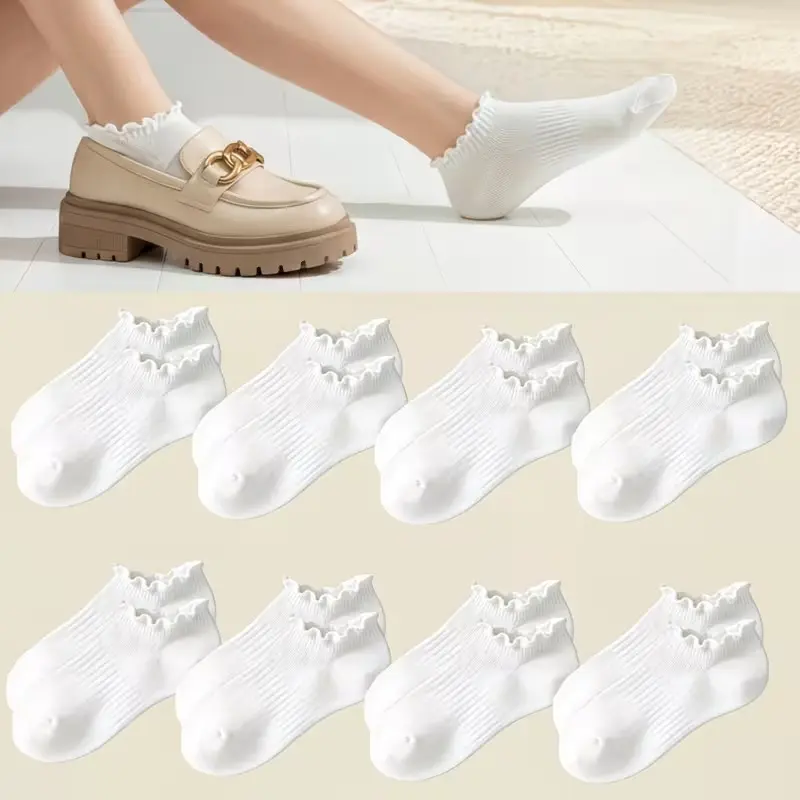 8 Pairs Women No Show Low Cut Socks with Lace Ruffle Trim, Non Slip Breathable Solid Color Frilly Ankle Socks for Sneakers Casual Athletic, Comes with Frosted Storage Bag