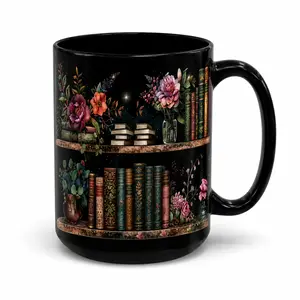 Book Lover Mug, Black Ceramic 11oz/15oz Coffee Cup with Floral Library Bookshelf Artwork, Reading Gift for Women, Teacher, Librarian, Friends
