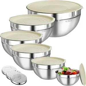 6-Piece Stainless Steel Mixing Bowls Set with Lids & Grater Attachments, Nesting Food Storage Bowls in Various Sizes (0.7QT to 4.5QT) Tableware