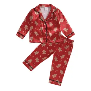 Kids Christmas Pajamas Girls Gingerbread Elf Candy Cane Button Down Shirt & Pants Cute Toddler Pajama Set Sleepwear