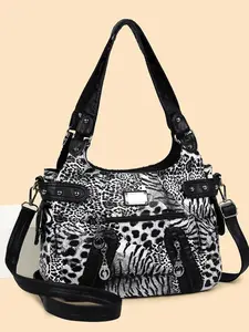 New European Style Leopard Zebra Print Tote Bag, Large Capacity Soft Leather, Adjustable Strap, Unique Bags, Fashionable Animal Print, Multi-Pocket, Durable