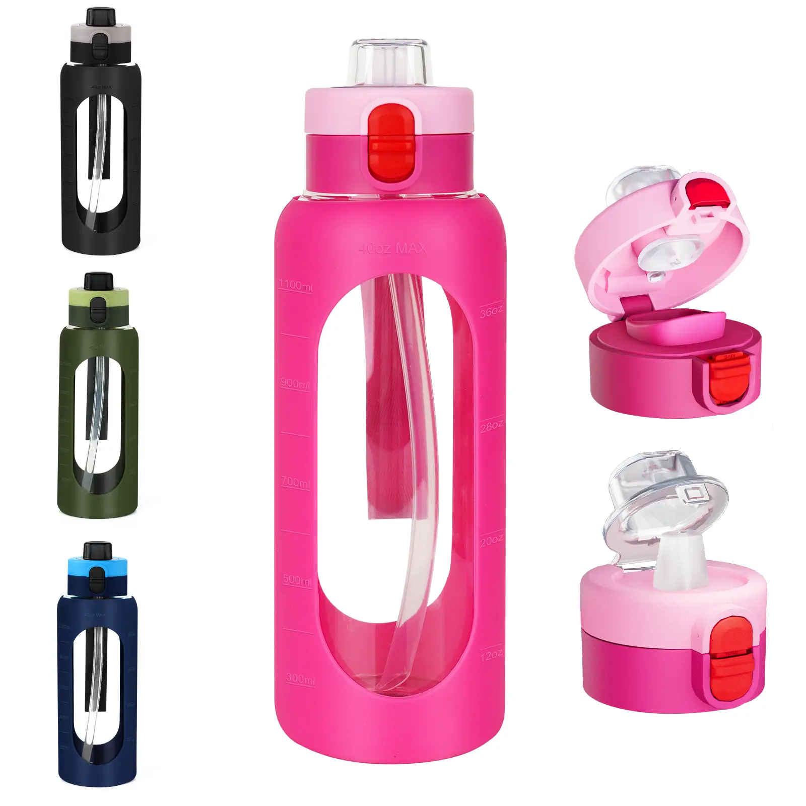 40oz/24 oz Glass Water Bottle with Time Marker & Straw Lid - Leakproof, Motivational Fitness Jug for Gym, Travel Silicone Sleeve  Trendy Sports Bottle for Women  Men