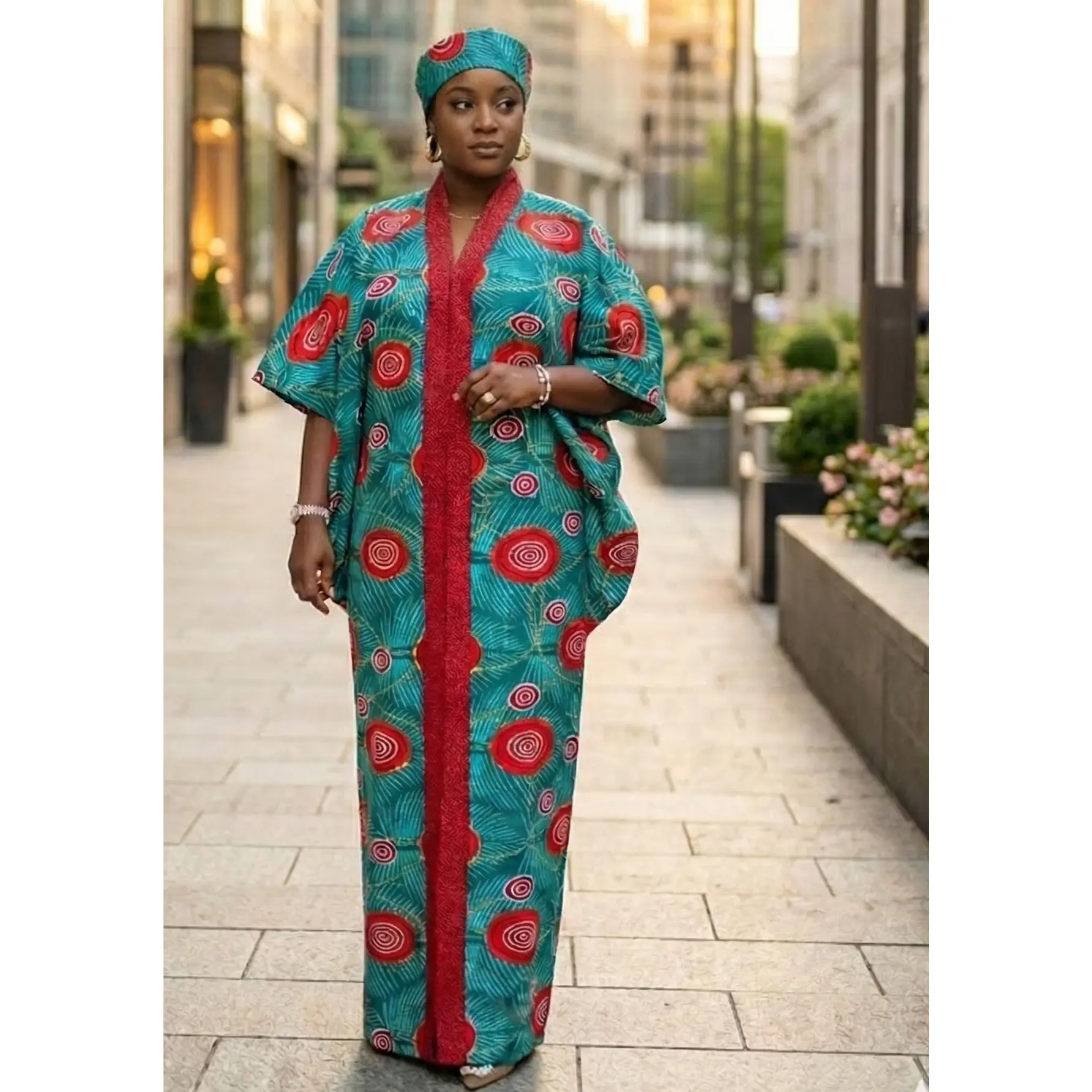 Abíke Boubou Dress | Teal & Red Ankara Free-Size Kaftan | African Wear