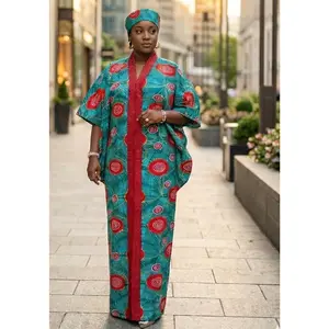 Abíke Boubou Dress | Teal & Red Ankara Free-Size Kaftan | African Wear