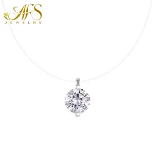 AFS Jewelry Floating Light Necklace Invisible Set Round Synthetic Moissanite Pendant on Fishline S925 Silver White Gold Plated Minimalist Collarbone Chain Dazzling Everyday Jewelry for Women